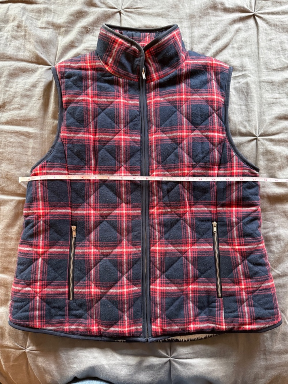 Quilted Plaid Zip Front Vest in Navy and Red
